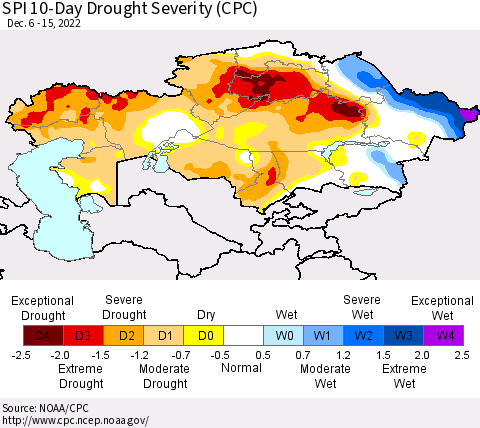 Kazakhstan SPI 10-Day Drought Severity (CPC) Thematic Map For 12/6/2022 - 12/15/2022