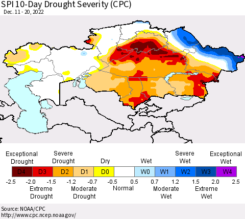 Kazakhstan SPI 10-Day Drought Severity (CPC) Thematic Map For 12/11/2022 - 12/20/2022