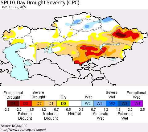 Kazakhstan SPI 10-Day Drought Severity (CPC) Thematic Map For 12/16/2022 - 12/25/2022