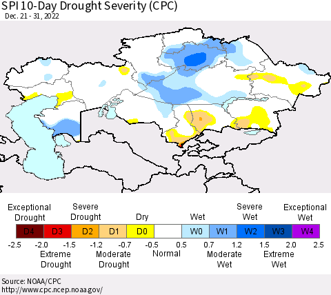Kazakhstan SPI 10-Day Drought Severity (CPC) Thematic Map For 12/21/2022 - 12/31/2022