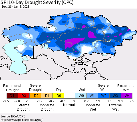 Kazakhstan SPI 10-Day Drought Severity (CPC) Thematic Map For 12/26/2022 - 1/5/2023
