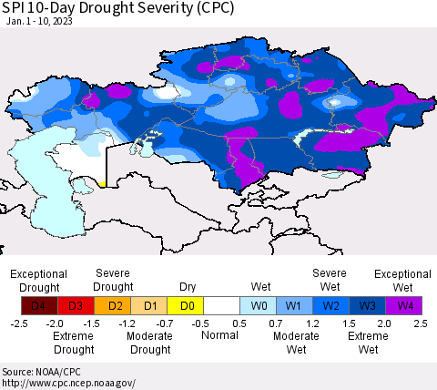 Kazakhstan SPI 10-Day Drought Severity (CPC) Thematic Map For 1/1/2023 - 1/10/2023