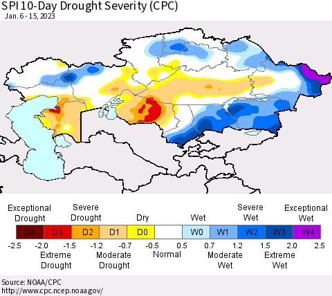 Kazakhstan SPI 10-Day Drought Severity (CPC) Thematic Map For 1/6/2023 - 1/15/2023
