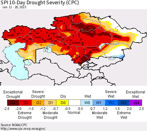 Kazakhstan SPI 10-Day Drought Severity (CPC) Thematic Map For 1/11/2023 - 1/20/2023