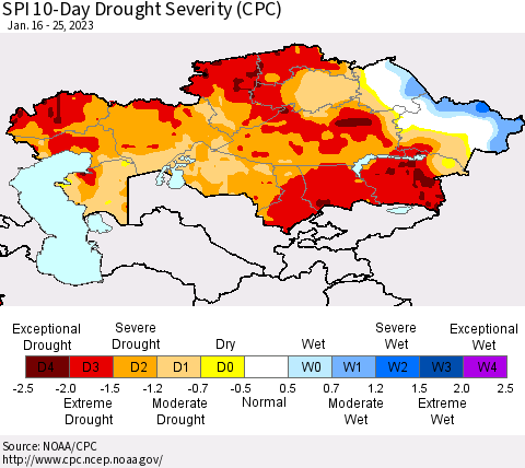 Kazakhstan SPI 10-Day Drought Severity (CPC) Thematic Map For 1/16/2023 - 1/25/2023