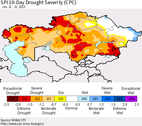 Kazakhstan SPI 10-Day Drought Severity (CPC) Thematic Map For 1/21/2023 - 1/31/2023