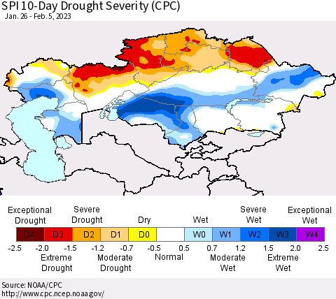 Kazakhstan SPI 10-Day Drought Severity (CPC) Thematic Map For 1/26/2023 - 2/5/2023
