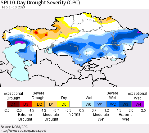 Kazakhstan SPI 10-Day Drought Severity (CPC) Thematic Map For 2/1/2023 - 2/10/2023