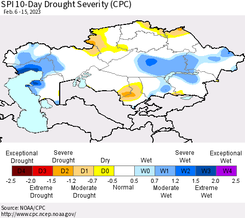Kazakhstan SPI 10-Day Drought Severity (CPC) Thematic Map For 2/6/2023 - 2/15/2023