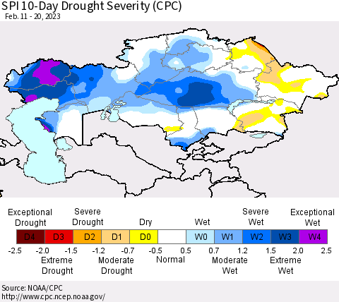 Kazakhstan SPI 10-Day Drought Severity (CPC) Thematic Map For 2/11/2023 - 2/20/2023