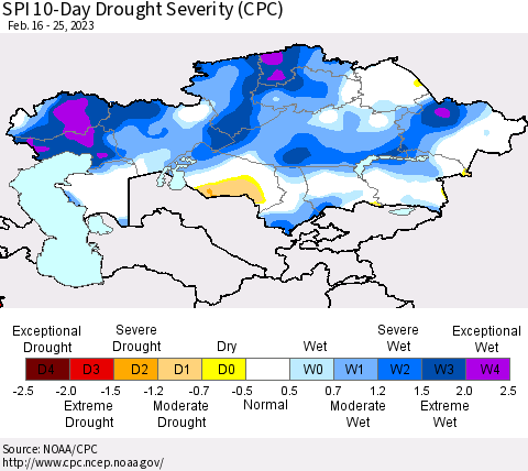 Kazakhstan SPI 10-Day Drought Severity (CPC) Thematic Map For 2/16/2023 - 2/25/2023