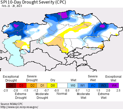 Kazakhstan SPI 10-Day Drought Severity (CPC) Thematic Map For 2/21/2023 - 2/28/2023