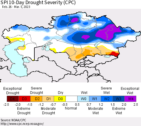 Kazakhstan SPI 10-Day Drought Severity (CPC) Thematic Map For 2/26/2023 - 3/5/2023