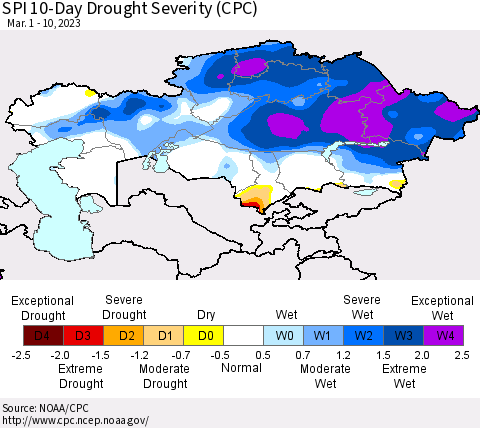Kazakhstan SPI 10-Day Drought Severity (CPC) Thematic Map For 3/1/2023 - 3/10/2023