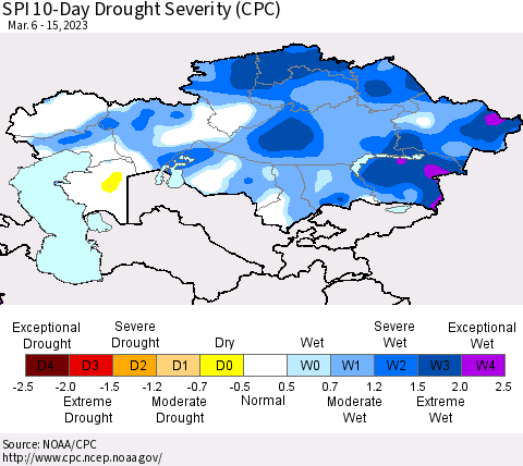 Kazakhstan SPI 10-Day Drought Severity (CPC) Thematic Map For 3/6/2023 - 3/15/2023