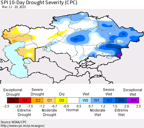 Kazakhstan SPI 10-Day Drought Severity (CPC) Thematic Map For 3/11/2023 - 3/20/2023