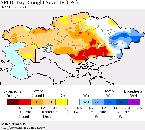 Kazakhstan SPI 10-Day Drought Severity (CPC) Thematic Map For 3/16/2023 - 3/25/2023