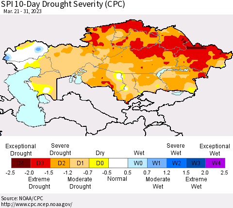 Kazakhstan SPI 10-Day Drought Severity (CPC) Thematic Map For 3/21/2023 - 3/31/2023
