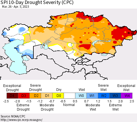 Kazakhstan SPI 10-Day Drought Severity (CPC) Thematic Map For 3/26/2023 - 4/5/2023