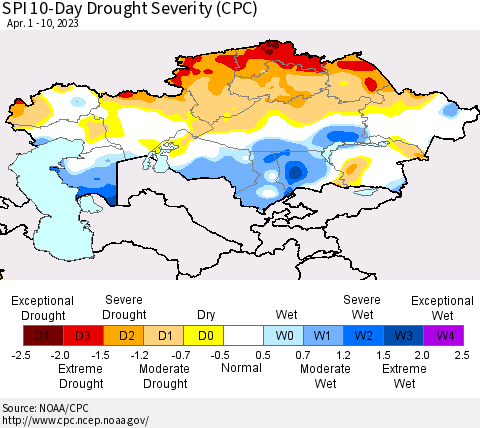 Kazakhstan SPI 10-Day Drought Severity (CPC) Thematic Map For 4/1/2023 - 4/10/2023