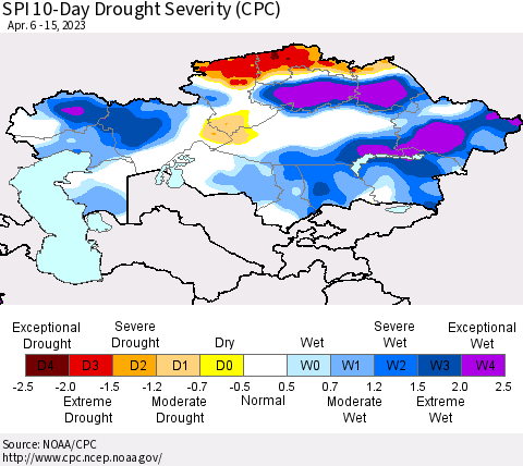 Kazakhstan SPI 10-Day Drought Severity (CPC) Thematic Map For 4/6/2023 - 4/15/2023