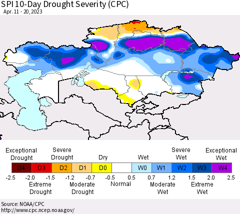 Kazakhstan SPI 10-Day Drought Severity (CPC) Thematic Map For 4/11/2023 - 4/20/2023