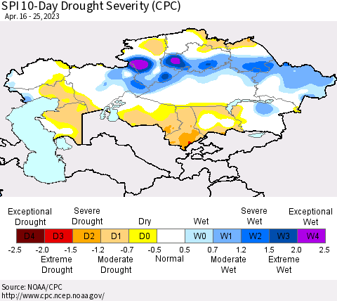 Kazakhstan SPI 10-Day Drought Severity (CPC) Thematic Map For 4/16/2023 - 4/25/2023