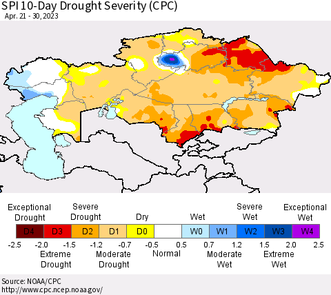 Kazakhstan SPI 10-Day Drought Severity (CPC) Thematic Map For 4/21/2023 - 4/30/2023