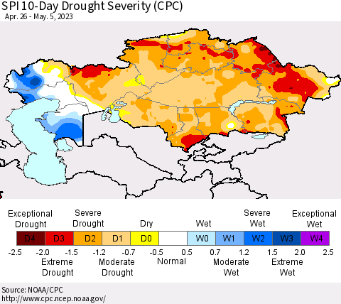 Kazakhstan SPI 10-Day Drought Severity (CPC) Thematic Map For 4/26/2023 - 5/5/2023