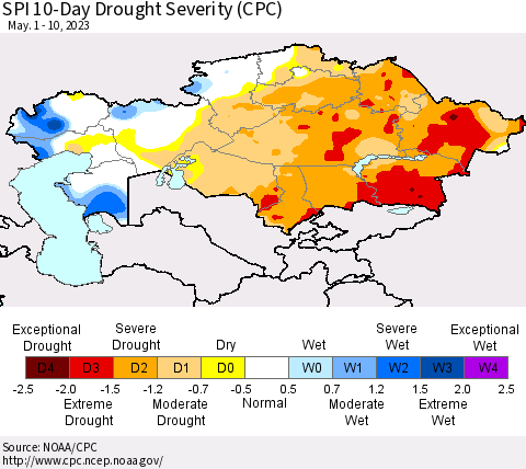 Kazakhstan SPI 10-Day Drought Severity (CPC) Thematic Map For 5/1/2023 - 5/10/2023