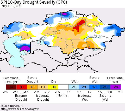 Kazakhstan SPI 10-Day Drought Severity (CPC) Thematic Map For 5/6/2023 - 5/15/2023