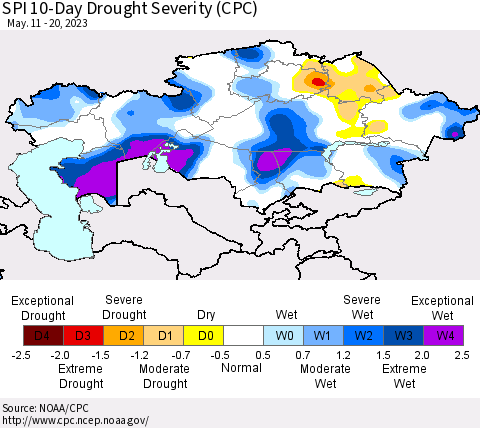 Kazakhstan SPI 10-Day Drought Severity (CPC) Thematic Map For 5/11/2023 - 5/20/2023