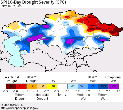 Kazakhstan SPI 10-Day Drought Severity (CPC) Thematic Map For 5/16/2023 - 5/25/2023