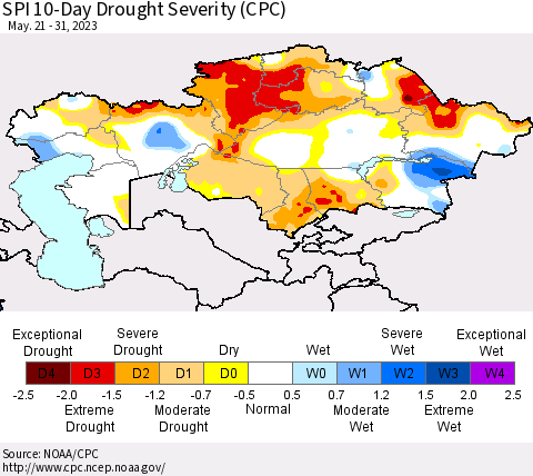 Kazakhstan SPI 10-Day Drought Severity (CPC) Thematic Map For 5/21/2023 - 5/31/2023