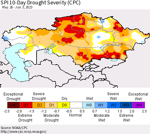Kazakhstan SPI 10-Day Drought Severity (CPC) Thematic Map For 5/26/2023 - 6/5/2023