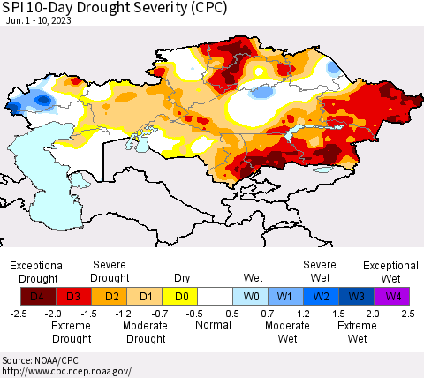Kazakhstan SPI 10-Day Drought Severity (CPC) Thematic Map For 6/1/2023 - 6/10/2023