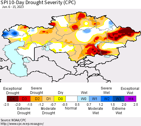 Kazakhstan SPI 10-Day Drought Severity (CPC) Thematic Map For 6/6/2023 - 6/15/2023