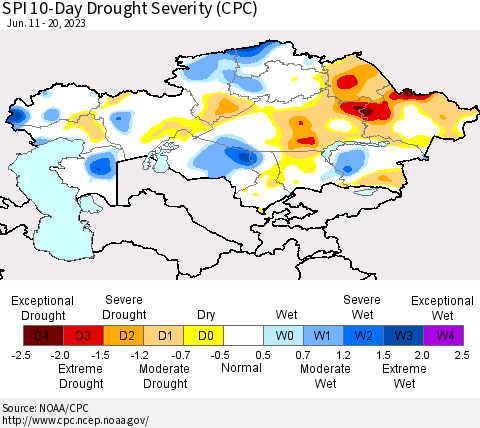 Kazakhstan SPI 10-Day Drought Severity (CPC) Thematic Map For 6/11/2023 - 6/20/2023