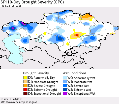 Kazakhstan SPI 10-Day Drought Severity (CPC) Thematic Map For 6/16/2023 - 6/25/2023