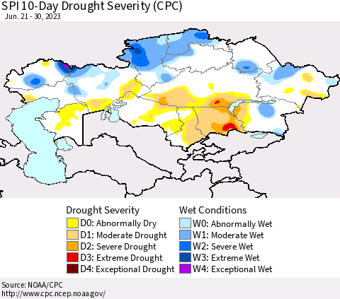 Kazakhstan SPI 10-Day Drought Severity (CPC) Thematic Map For 6/21/2023 - 6/30/2023