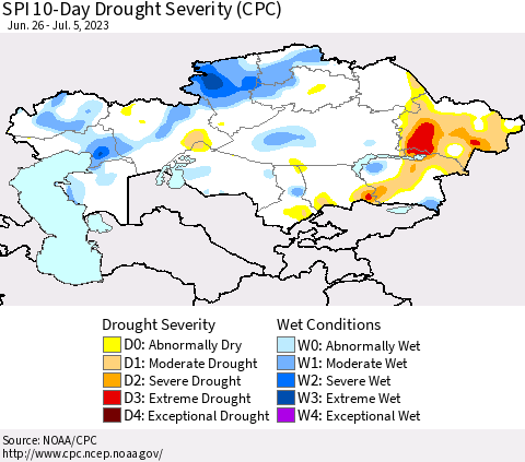 Kazakhstan SPI 10-Day Drought Severity (CPC) Thematic Map For 6/26/2023 - 7/5/2023