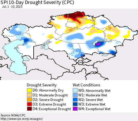 Kazakhstan SPI 10-Day Drought Severity (CPC) Thematic Map For 7/1/2023 - 7/10/2023