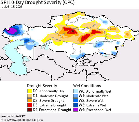 Kazakhstan SPI 10-Day Drought Severity (CPC) Thematic Map For 7/6/2023 - 7/15/2023