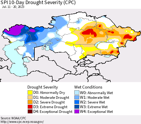Kazakhstan SPI 10-Day Drought Severity (CPC) Thematic Map For 7/11/2023 - 7/20/2023