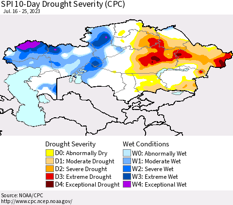 Kazakhstan SPI 10-Day Drought Severity (CPC) Thematic Map For 7/16/2023 - 7/25/2023