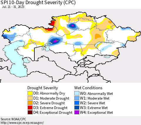 Kazakhstan SPI 10-Day Drought Severity (CPC) Thematic Map For 7/21/2023 - 7/31/2023