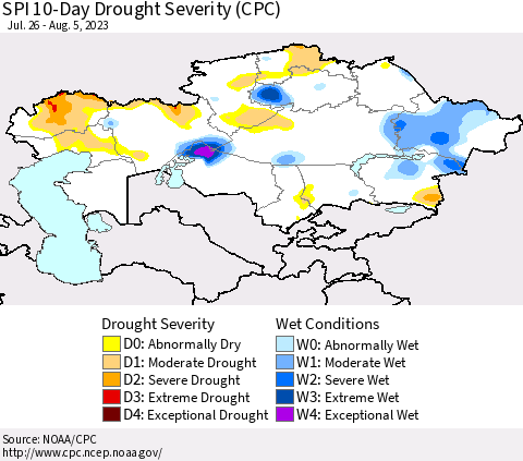 Kazakhstan SPI 10-Day Drought Severity (CPC) Thematic Map For 7/26/2023 - 8/5/2023