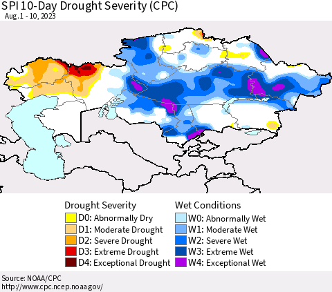 Kazakhstan SPI 10-Day Drought Severity (CPC) Thematic Map For 8/1/2023 - 8/10/2023