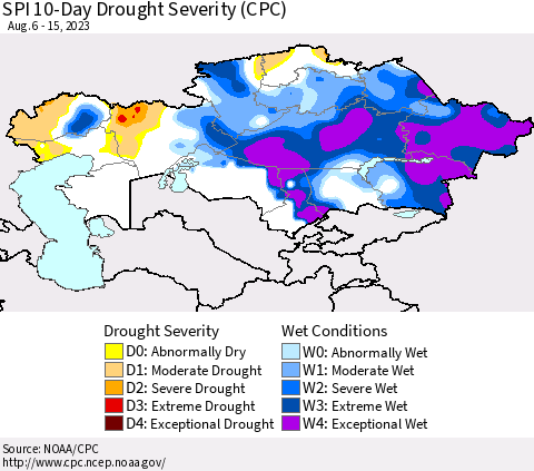 Kazakhstan SPI 10-Day Drought Severity (CPC) Thematic Map For 8/6/2023 - 8/15/2023