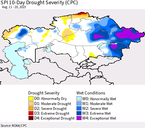 Kazakhstan SPI 10-Day Drought Severity (CPC) Thematic Map For 8/11/2023 - 8/20/2023